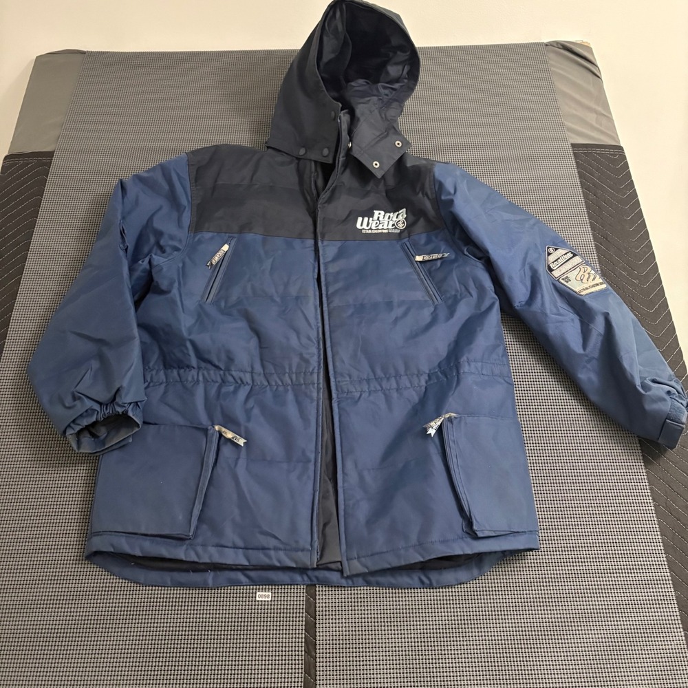 Rocawear Mens Puffer Parka Jacket Blue Navy Colorblock Hooded Streetwear